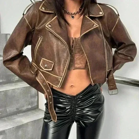 Brown Casual Women's Washed Fabric Moto Jacket - Picture 5 of 7